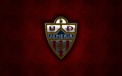 UD Almeria, Spanish football club, red metal texture, metal logo, emblem, Almeria, Spain, La Liga 2, creative art, LaLiga2, football, Union Deportiva Almeria