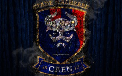 SM Caen, scorched logo, Ligue 1, blue wooden background, french football club, Caen FC, grunge, football, soccer, Caen logo, fire texture, France