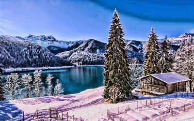 Italian nature, winter, hut, snowdrifts, lake, forest, Italy, Europe, HDR