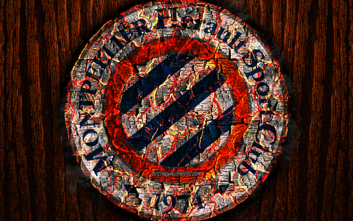 Montpellier HSC, scorched logo, Ligue 1, orange wooden background, french football club, Montpellier FC, grunge, football, soccer, Montpellier logo, fire texture, France