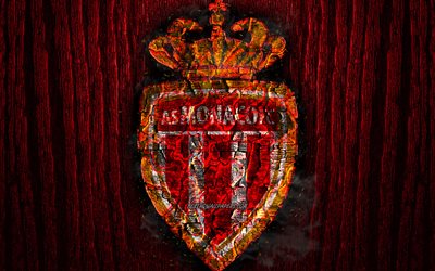 AS Monaco, scorched logo, Ligue 1, red wooden background, french football club, Monaco FC, grunge, football, soccer, Monaco logo, fire texture, France
