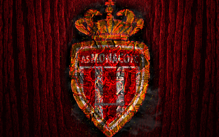 As Monaco, arrasada logotipo, Liga 1, madeira vermelho de fundo, clube de futebol franc&#234;s, Monaco FC, grunge, futebol, M&#244;naco logotipo, fogo textura, Fran&#231;a