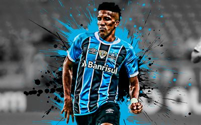 Bruno Cortez, 4k, Brazilian football player, Gremio, defender, blue-black paint splashes, creative art, Serie A, Brazil, football, grunge