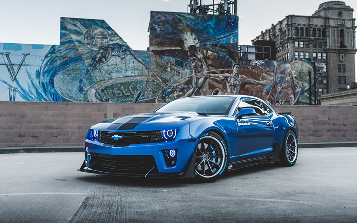 Chevrolet Camaro ZL1, 2019, supercar, azul Camaro, ajuste Camaro ZL1, american carros esportivos, Chevrolet