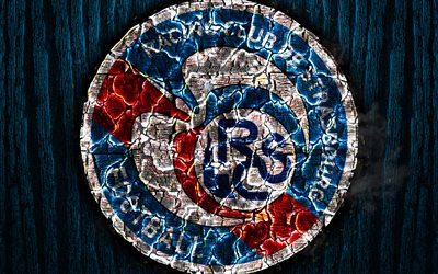 RC Strasbourg Alsace, scorched logo, Ligue 1, blue wooden background, french football club, Strasbourg FC, grunge, football, soccer, Strasbourg logo, fire texture, France