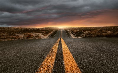 American highway, desert, asphalt road, sunset, evening, USA