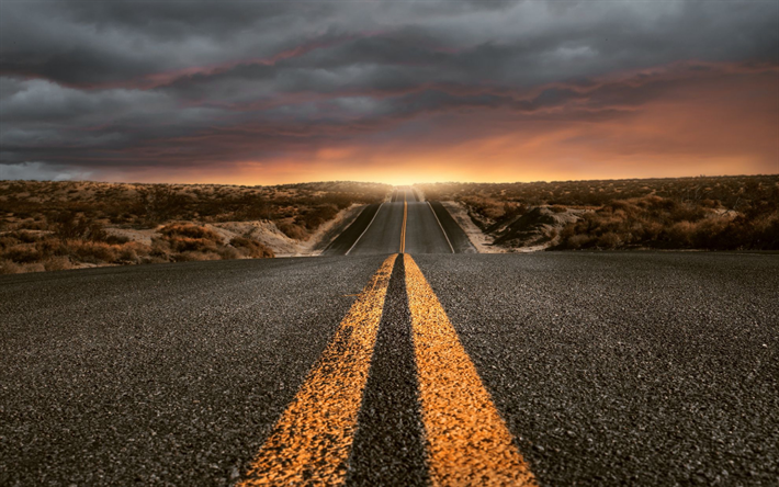 Estrada americana, deserto, estrada de asfalto, p&#244;r do sol, noite, EUA
