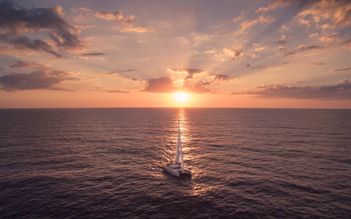 yacht catamaran, Caribbean Sea, evening, sunset, seascape, white yacht, travel, Catamaran Sailing