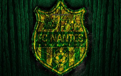 FC Nantes, scorched logo, Ligue 1, green wooden background, french football club, Nantes FC, grunge, football, soccer, Nantes logo, fire texture, France