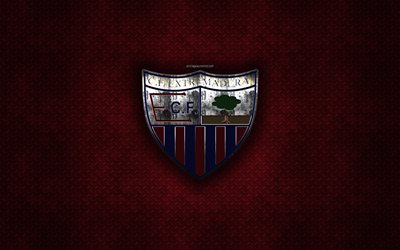 Extremadura UD, Spanish football club, burgundy metal texture, metal logo, emblem, Almendralejo, Spain, La Liga 2, creative art, LaLiga2, football