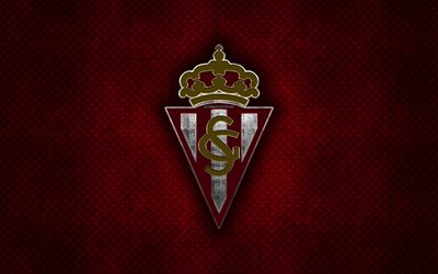 Real Sporting de Gijon, Gijon FC, Spanish football club, red metal texture, metal logo, emblem, Gijon, Spain, La Liga 2, creative art, LaLiga2, football