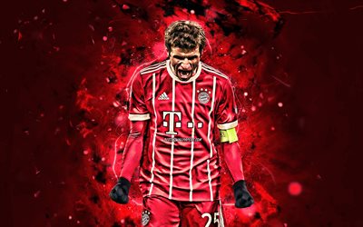 Thomas Muller, goal, Bayern Munich FC, close-up, german footballers, soccer, Muller, Bundesliga, Germany, neon lights
