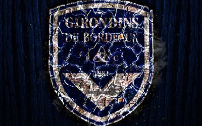 FC Girondins Bordeaux, scorched logo, Ligue 1, blue wooden background, french football club, Bordeaux FC, grunge, football, soccer, Bordeaux logo, fire texture, France