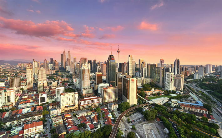 Kuala Lumpur, sunset, kaupunkikuva, p&#228;&#228;oman, Malesia, skyline, Petronas Towers