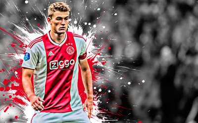 Matthijs de Ligt, 4k, Dutch football player, AFC Ajax, defender, red-white paint splashes, creative art, Netherlands, football, grunge, Ajax