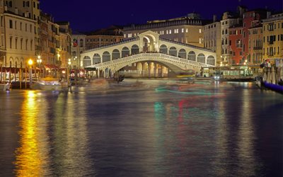 Venedik, Rialto K&#246;pr&#252;s&#252;, Grand Canal, gece, landmark, İtalya