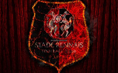 Stade Rennais, scorched logo, Ligue 1, red wooden background, french football club, Rennes FC, grunge, football, soccer, Rennes logo, fire texture, France