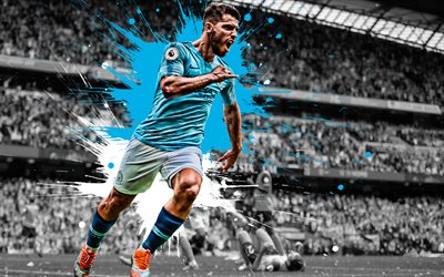 Sergio Aguero, 4k, Argentinian football player, Manchester City FC, striker, blue-white paint splashes, creative art, Premier League, England, football, grunge, Aguero