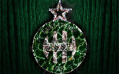 AS Saint-Etienne, scorched logo, Ligue 1, green wooden background, french football club, Saint-Etienne FC, grunge, football, soccer, Saint-Etienne logo, fire texture, France