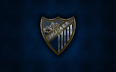 Malaga FC, club de football espagnol, bleu m&#233;tal, texture, en m&#233;tal, logo, embl&#232;me, M&#225;laga, l&#39;Espagne, La Liga 2, art cr&#233;atif, LaLiga2, football