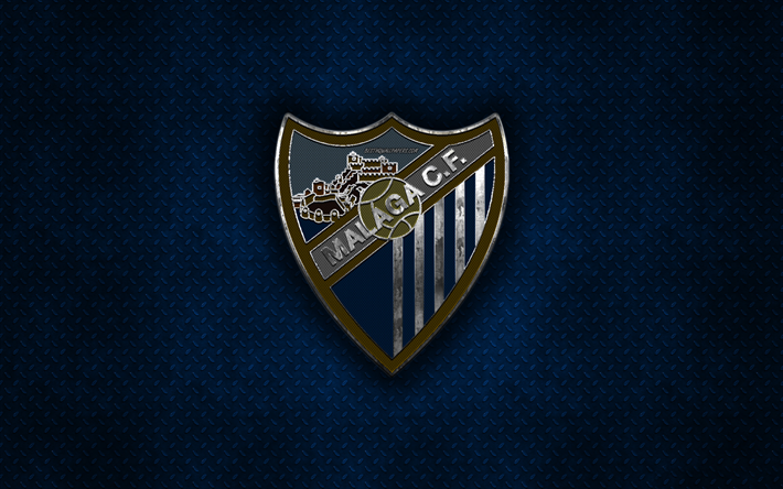 Malaga CF, Spansk fotbollsklubb, bl&#229; metall textur, metall-logotyp, emblem, Malaga, Spanien, League 2, kreativ konst, LaLiga2, fotboll