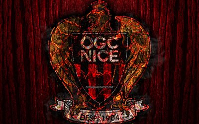 OGC Nice, scorched logo, Ligue 1, red wooden background, french football club, Nice FC, grunge, football, soccer, Nice logo, fire texture, France
