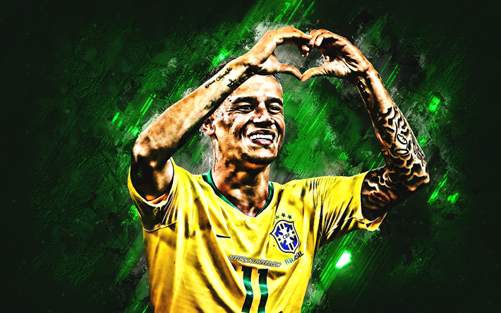 Coutinho, vihre&#228; kivi, Brasilian Maajoukkueen, tavoite, Philippe Coutinho, jalkapallo, jalkapalloilijat, neon valot, jalkapallo t&#228;hte&#228;, grunge, Brasilian jalkapallojoukkue