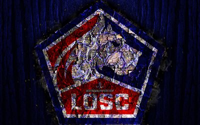 Lille OSC, scorched logo, Ligue 1, blue wooden background, french football club, Lille FC, grunge, football, soccer, Lille new logo, fire texture, France