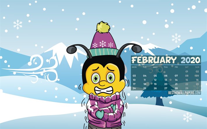 februar 2020 kalender -, 4k -, cartoon-biene, winter, 2020 kalender, februar 2020, kreativ, winter landschaft, februar 2020 kalender mit bienen -, kalender-februar 2020, winter-hintergrund