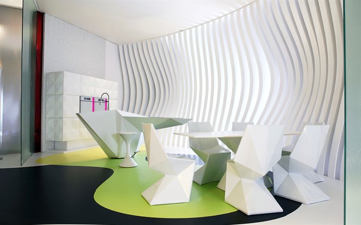 interni dal design moderno, poligono di stile, cucina, interior design 3d sedie bianche, progetto cucina