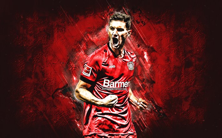 Lucas Alario, il Bayer 04 Leverkusen, Argentino, giocatore di calcio, ritratto, rosso pietra sfondo, Bundesliga, Germania