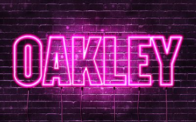Oakley, 4k, wallpapers with names, female names, Oakley name, purple neon lights, horizontal text, picture with Oakley name