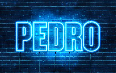 Pedro, 4k, isim Pedro adı ile, yatay metin, Pedro adı, mavi neon ışıkları, resimli duvar kağıtları
