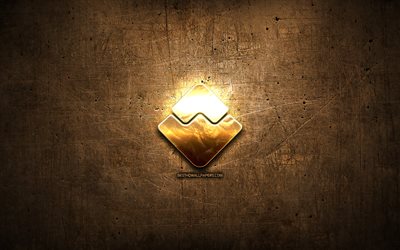 Waves Platform golden logo, cryptocurrency, brown metal background, creative, Waves Platform logo, cryptocurrency signs, Waves Platform