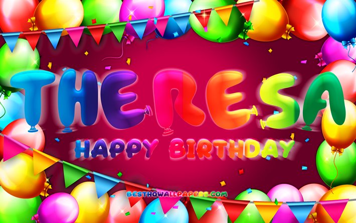 Happy Birthday Theresa, 4k, colorful balloon frame, Theresa name, purple background, Theresa Happy Birthday, Theresa Birthday, popular german female names, Birthday concept, Theresa