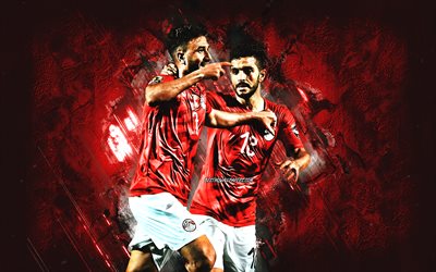 Trezeguet, Mahmoud Hassan, Ayman Ashraf, Egypt national football team, Egyptian football players, creative art, football, red stone background