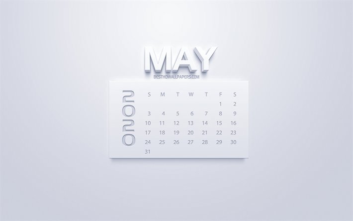 2020 May Calendar, 3d white art, white background, 2020 calendars, May 2020 calendar, spring 2020 calendars, May
