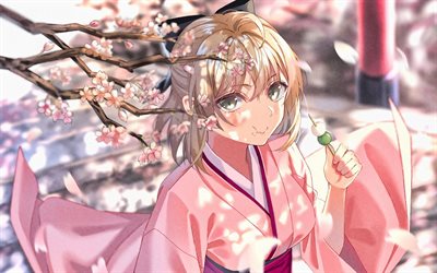 Okita Souji, spring, Saber Lily, Fate Grand Order, manga, sakura, fan art, Fate Series, TYPE-MOON