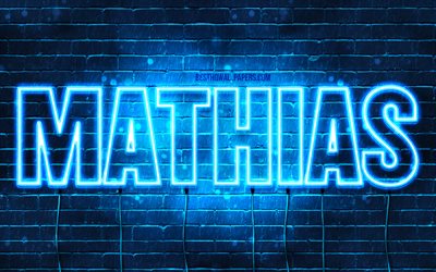 Mathias, 4k, tapeter med namn, &#246;vergripande text, Mathias namn, bl&#229;tt neonljus, bild med Mathias namn