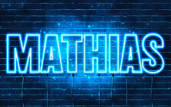 Mathias, 4k, les papiers peints avec les noms, le texte horizontal, Mathias nom, bleu n&#233;on, une photo avec le nom Mathias