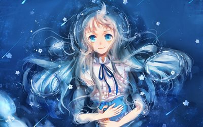 Meiko Honma, blue flowers, Anohana, manga, Menma, Anohana characters, Honma Meiko