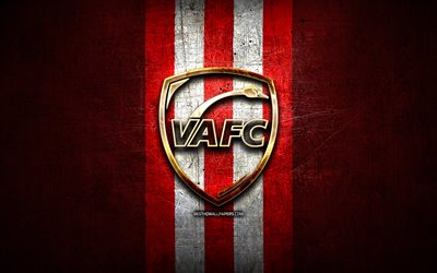 Valenciennes FC, golden logo, Ligue 2, red metal background, football, VAFC, french football club, Valenciennes logo, soccer, France