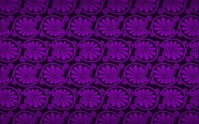 violet floral pattern, 4k, floral greek ornaments, background with floral ornaments, floral textures, floral patterns, violet floral background, greek ornaments