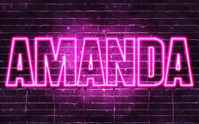 Amanda, 4k, wallpapers with names, female names, Amanda name, purple neon lights, horizontal text, picture with Amanda name