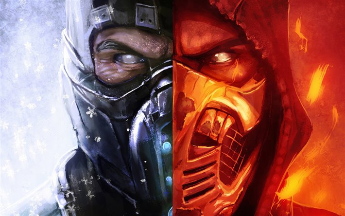 Mortal Kombat 11, Scorpion, Sub Zero, promo affisch, huvudpersonerna