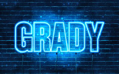 Grady, 4k, adları Grady adı ile, yatay metin, Grady adı, mavi neon ışıkları, resimli duvar kağıtları