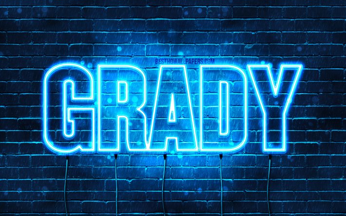 Grady, 4k, pap&#233;is de parede com os nomes de, texto horizontal, Grady nome, luzes de neon azuis, imagem com Grady nome