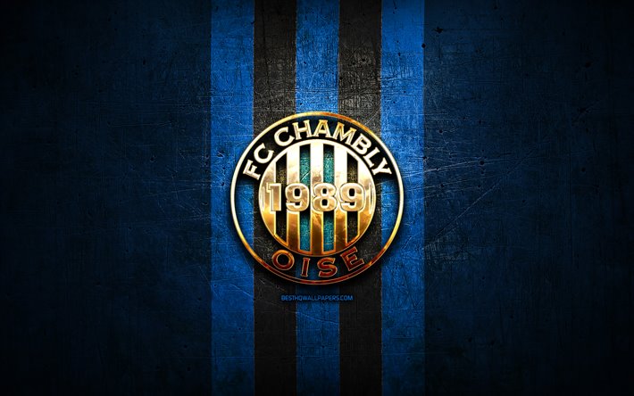 Chambly FC, golden logotyp, League 2, bl&#229; metall bakgrund, fotboll, Chambly Oise, franska fotbollsklubben, Chambly logotyp, Frankrike