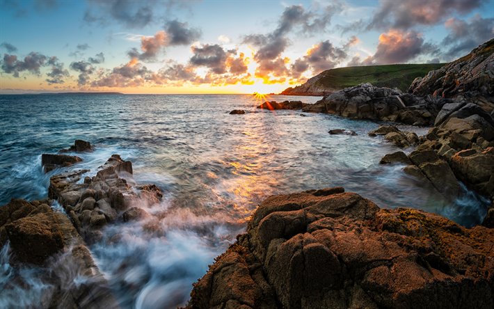 sunset, seascape, kv&#228;ll, havet, v&#229;gor, kusten, Storbritannien