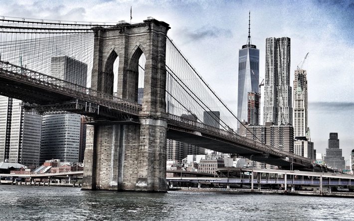 Brooklyn Bridge, World Trade Center 1, New York, East River, Manhattan, Brooklyn, USA, skyscrapers, New York cityscape